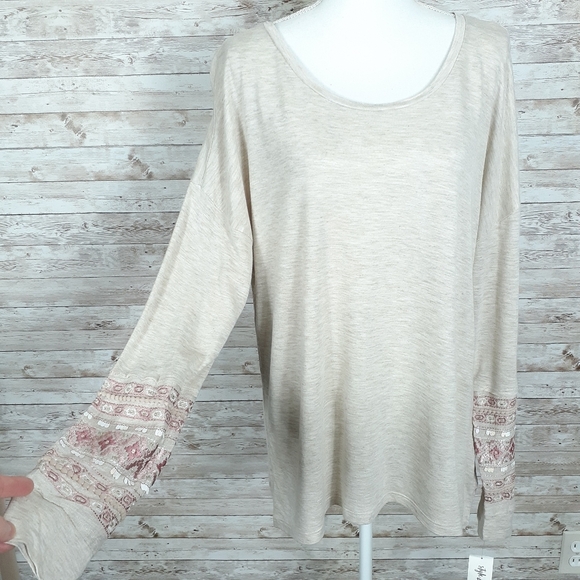 Style & Co Womens Top Size Large Long Sleeve Cream Pink Embroiderey 153 - Picture 2 of 5